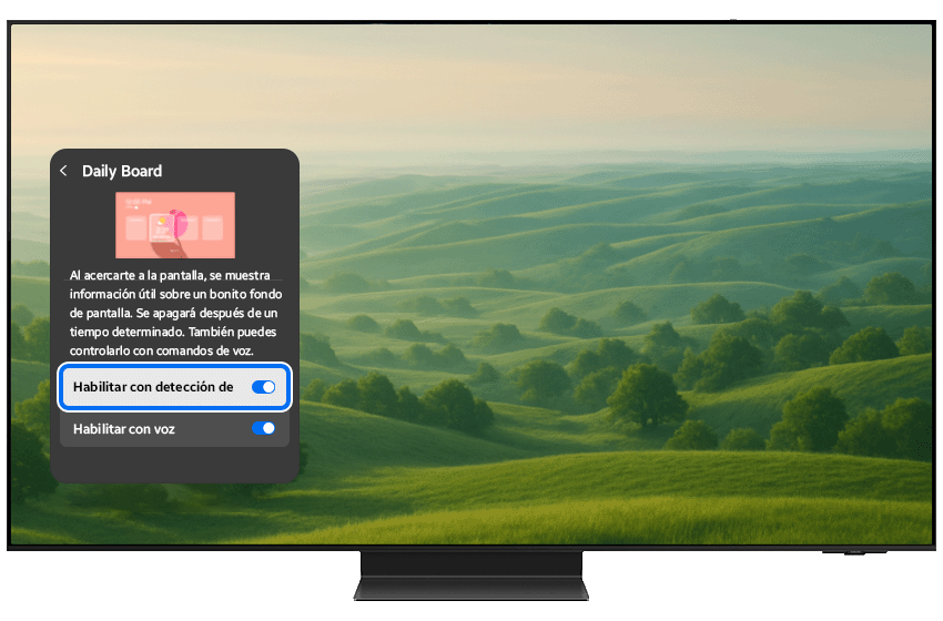 Samsung Smart TV displaying the Daily Board settings screen with Enable with User Detection menu on.